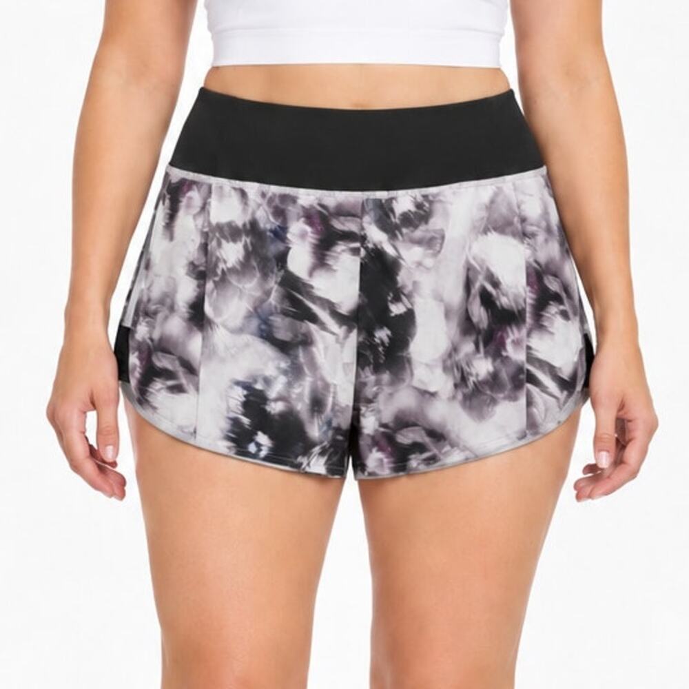 Athleta Printed Mesh Racer Run 4in Shorts Abstract Purple Black Womens L Lined